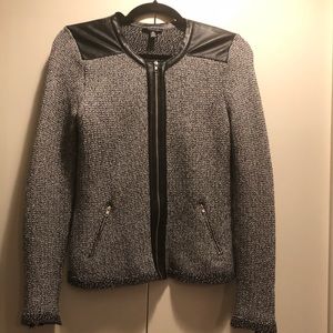 Aqua tweed style jacket with faux leather trim